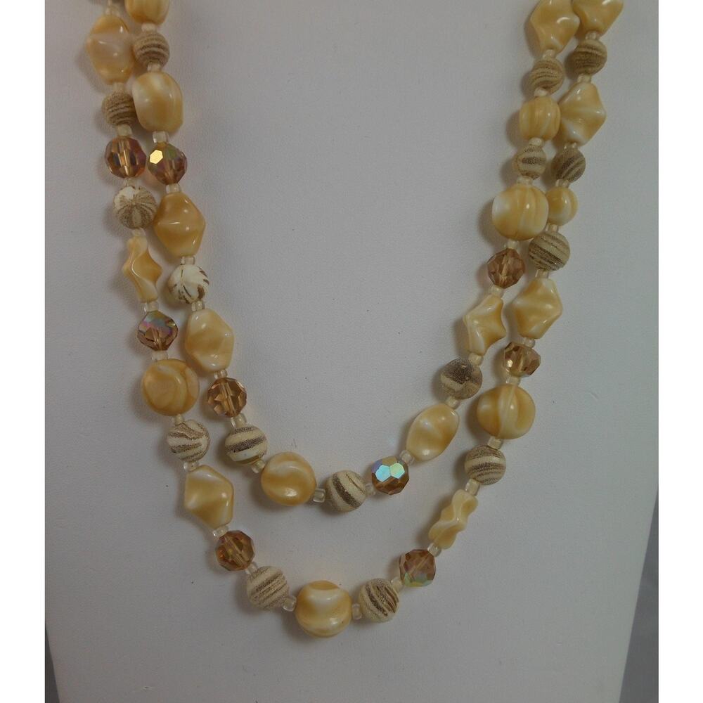 Vintage Beaded Jewelry Set Cream Double Strand Necklace & Aqua Stretch Cuff - Picture 7 of 9